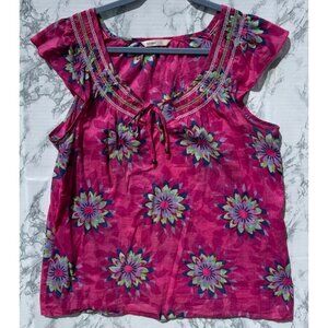 Old Navy Womens Floral Pink Boho Top With Beaded Detail Sz L Lightweight Cotton